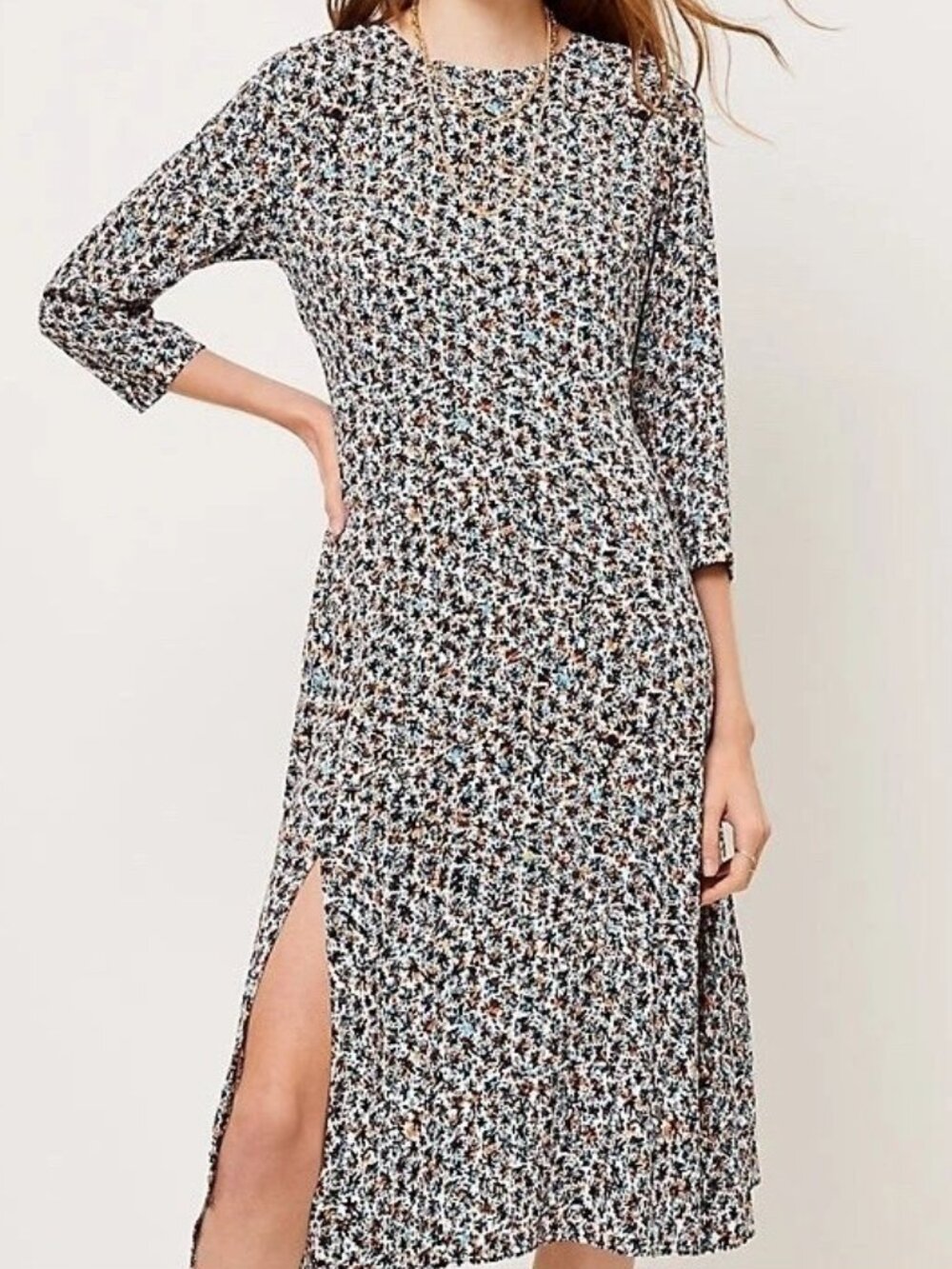 LOFT Multicolor Crew Neck Long Sleeve Midi Dress Blue Orange Floral Leg Slit